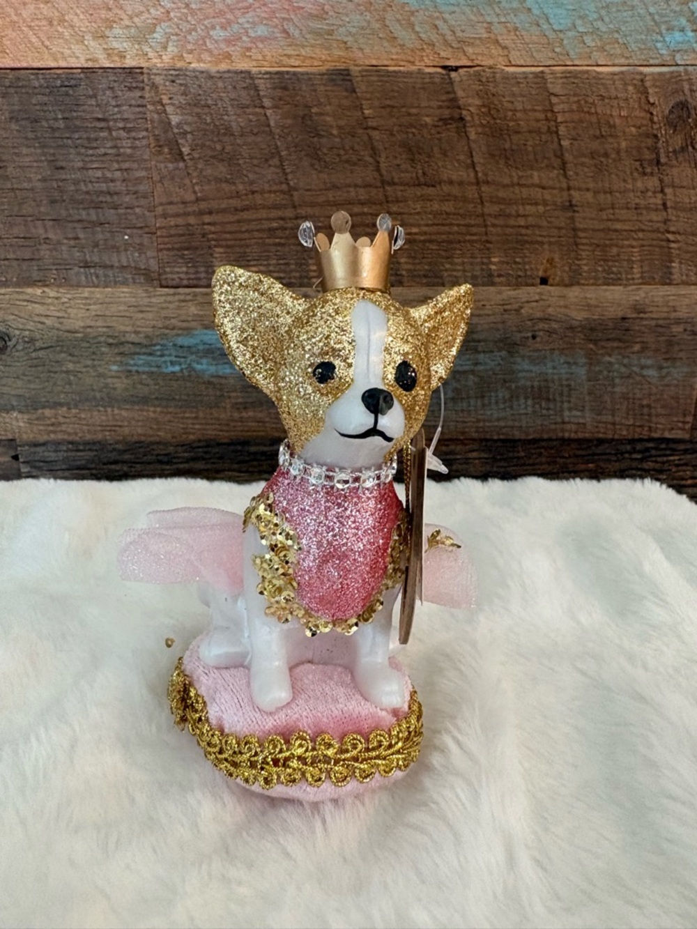Holiday Time Gold and Pink Glitter Crowned Dog Ornament